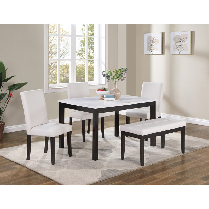 Red Barrel Studio Classic Stylish 5Pc Dining Set Kitchen Dinette Top Table Bench And 3X Chairs White Faux Leather Cushions Seats Dining Room Wayfair